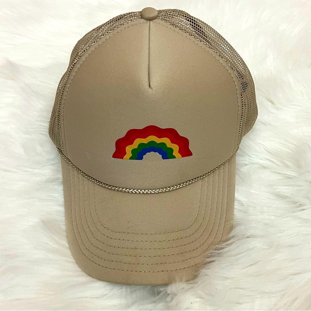 Otto Collection Minimalistic Tan SnapBack Mesh Trucker Hat Rainbow Print